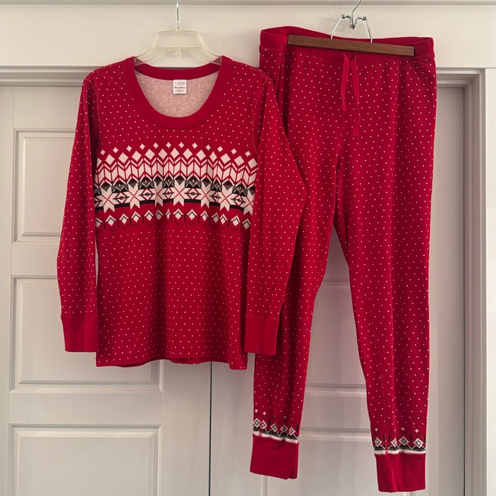 Hanna Andersson Women Christmas PJs- Ribbon Red Fairisle- Long John Top & Bottom